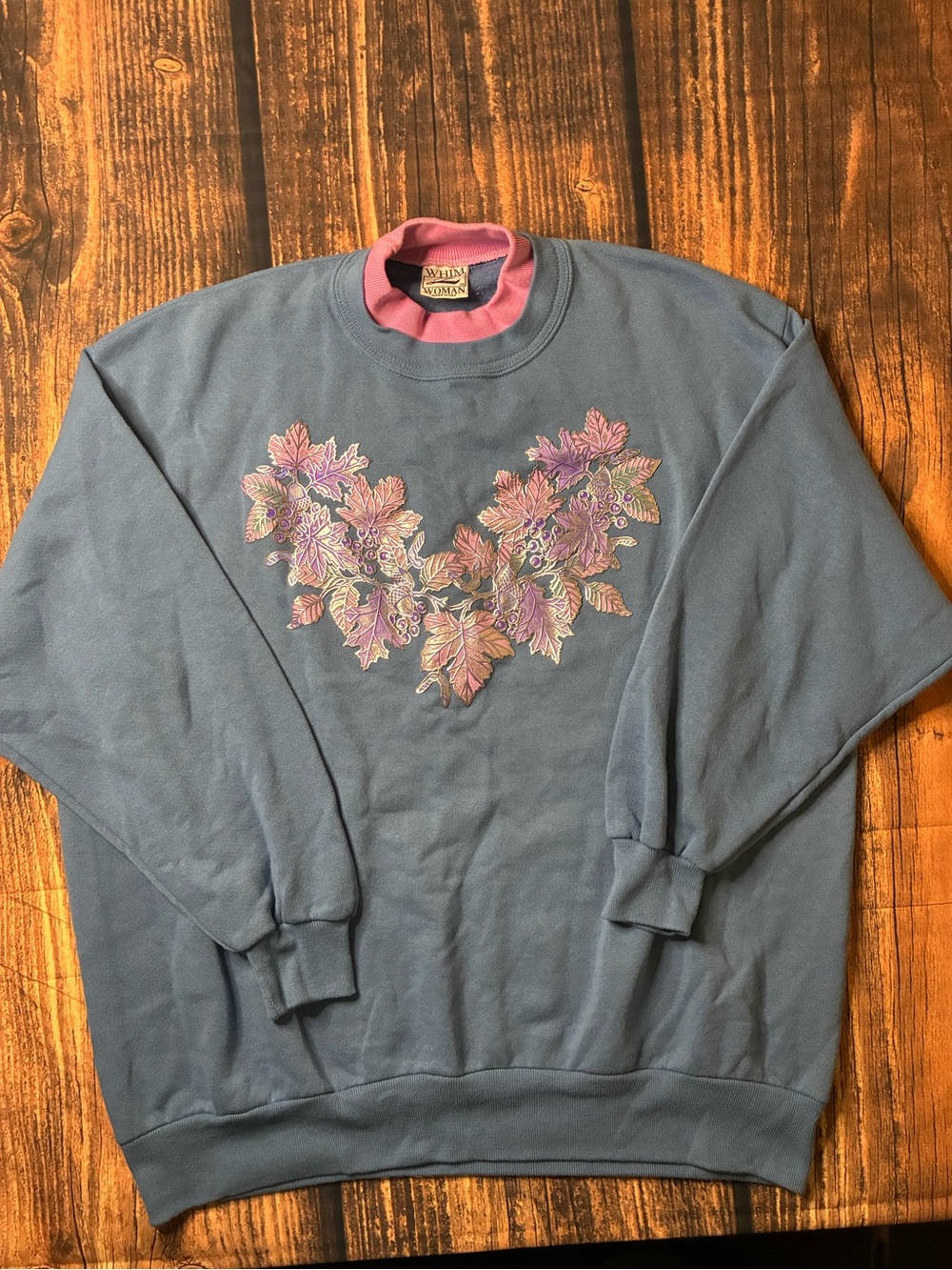 Vintage-Inspired Blue Crewneck Sweater with Pink Floral Embroidery